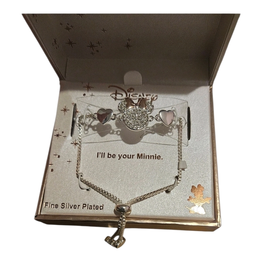 Disney Fine Silver Plated "I'll be your Minnie" Adjustable Slide Bracelet Hearts